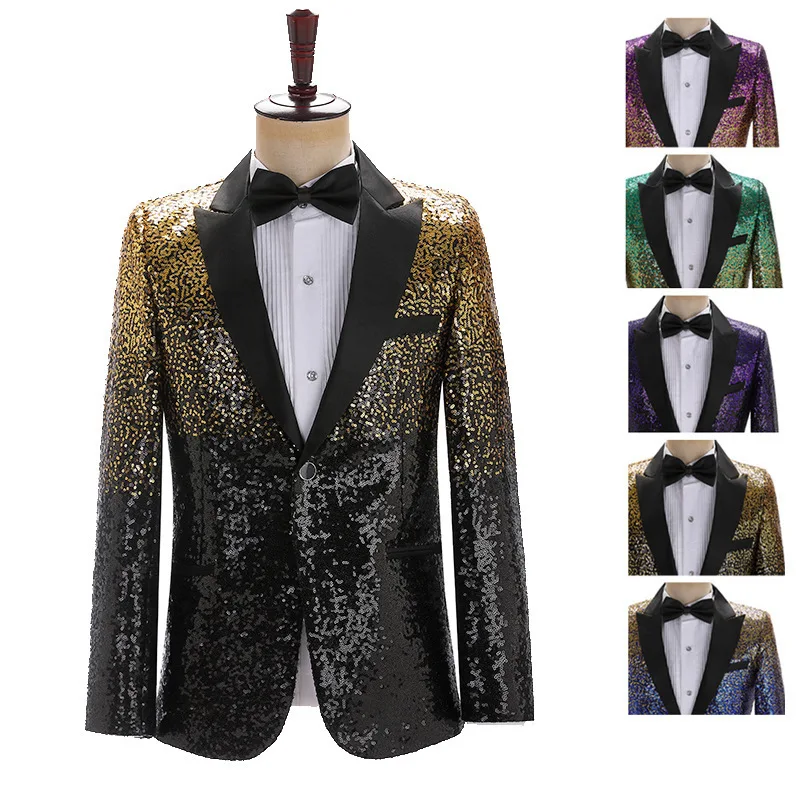 

New Men's Gradual Change Sequins Stage Show Color Suit Top Nightclub Anchor Suit Jacket