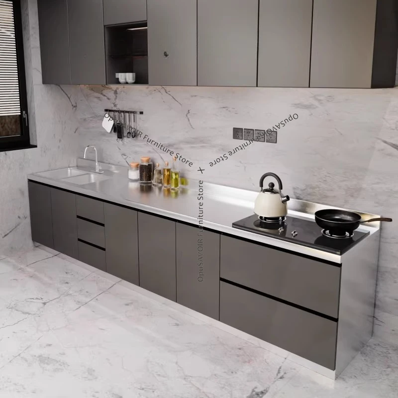 304 Stainless Steel Integrated Kitchen Cabinet, Household Corner Customized Stove Unit with Sink and Dish Storage Cabinet JT40