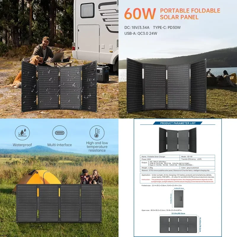 60W Portable Foldable ETFE Mini Solar Panel USB Type C 5V 9V 12V Charger Waterproof for Outdoor Camping Hiking Power Supply