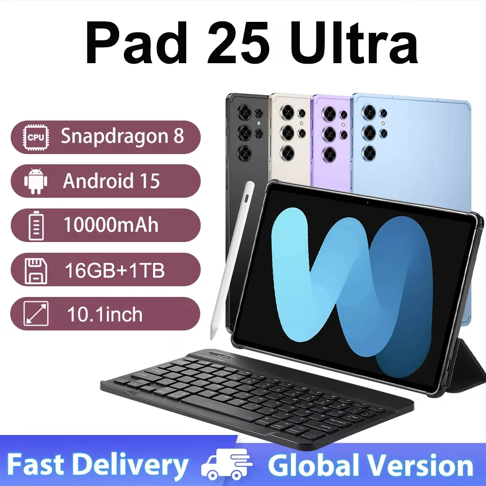 

Новый Оригинальный Планшет 2026 Pad 25 Ultra HOT на Snapdragon 8 Gen3, 10.1 дюйма, Android 15, 16 ГБ+1 ТБ, 10000 мАч, 5G, две SIM-карты, Wi-Fi, GPS