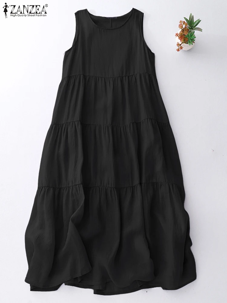 Zanzea sem mangas midi vestidos femininos 2025 verão casual o-pescoço em camadas a linha robes femme férias cor sólida vestido de verão S-3XL