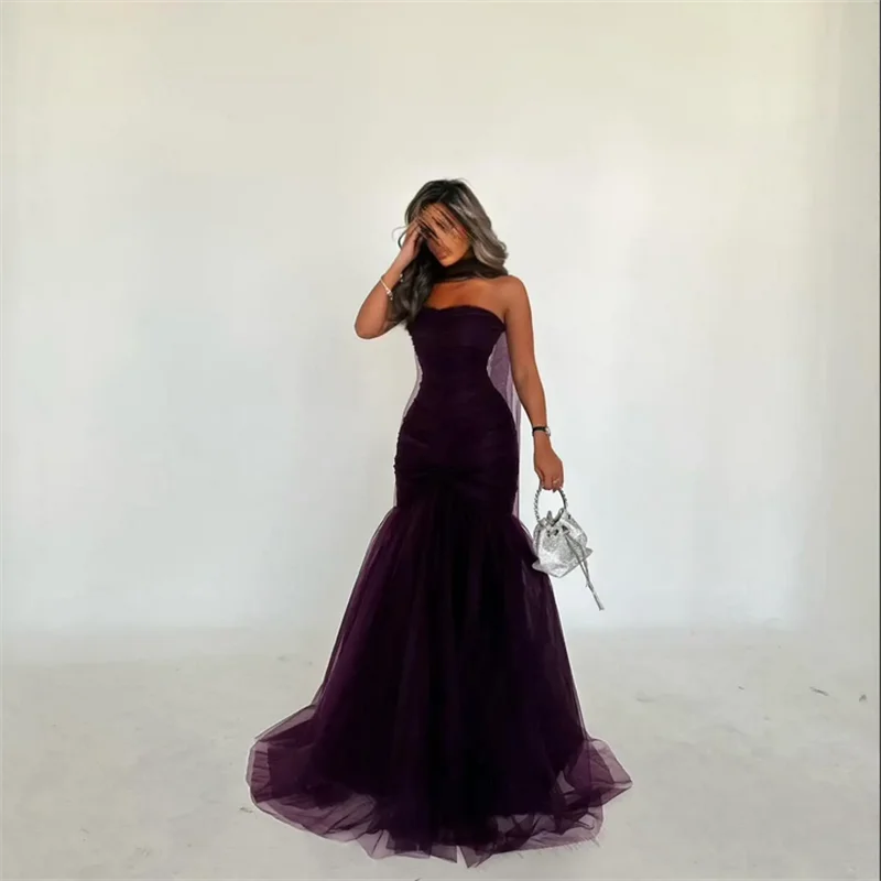 Vestido de fiesta sin tirantes elegante saudí para mujer, vestido de noche de fiesta de tul morado, largo hasta el suelo, vestidos para ocasiones formales personalizados