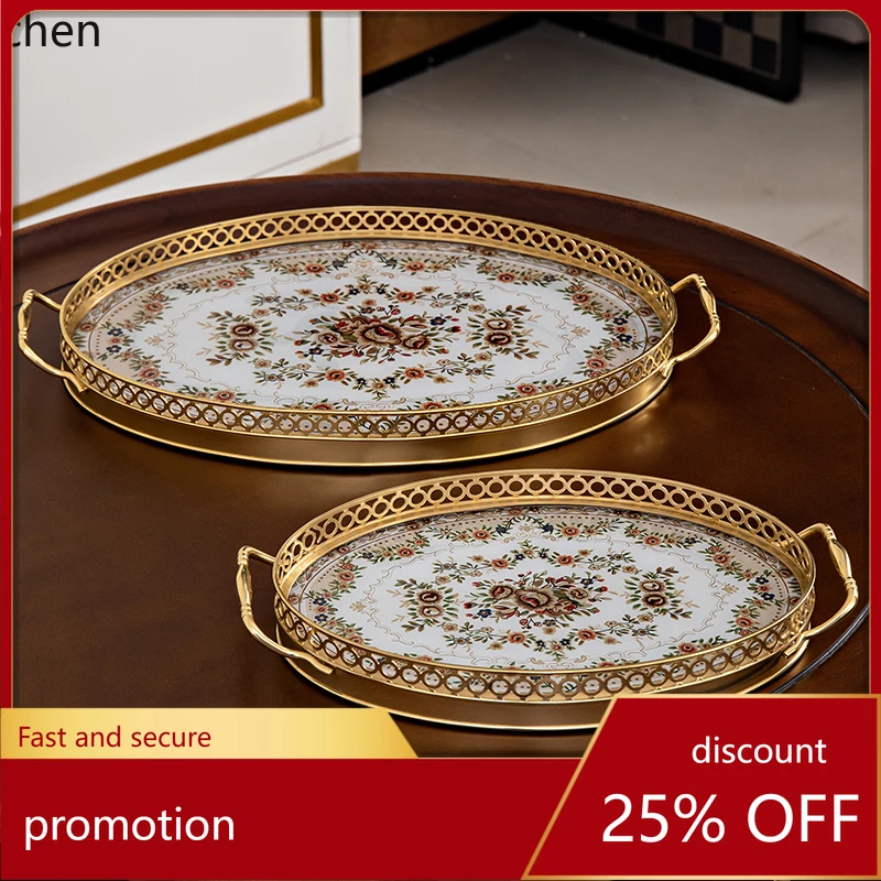 

HXL Style Brass Tray Living Room Luxury Cup Holder Fruit Dry Food Serving Plate Storage Trays with Handle