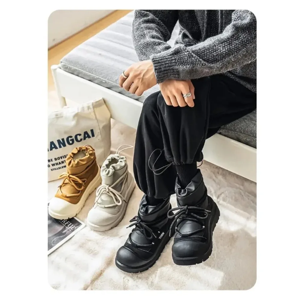 2025 зимние лаконичные однотонные мужские плюшевые зимние ботинки с высоким берцем на толстой подошве, модные универсальные теплые мягкие удобные ботинки из волосатого хлопка