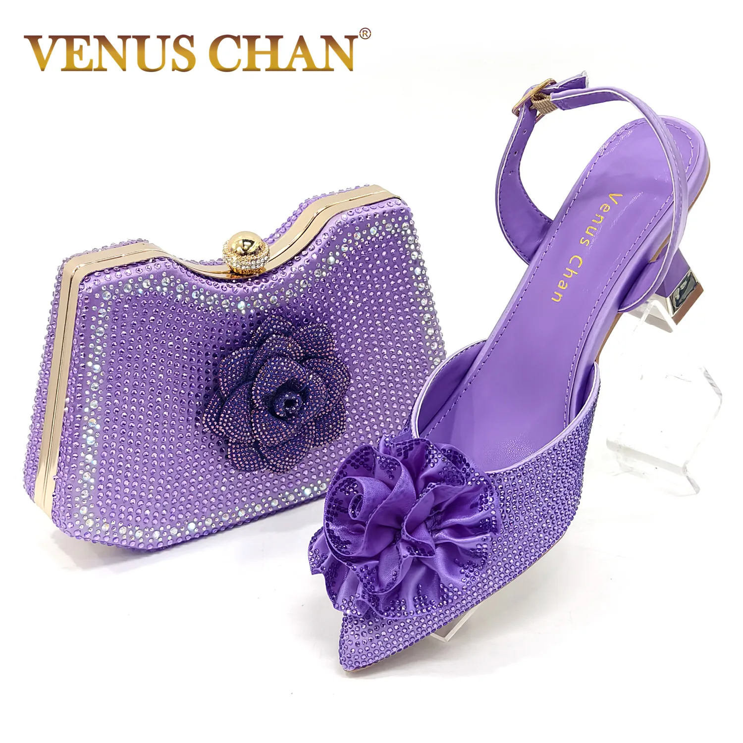 

Elegant Handmade Taro purple Bag & Medium Heel Shoes with Beautiful Flower Accents – Perfect for Weddings & Parties