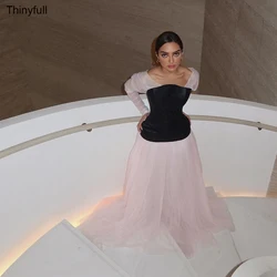 Thinyful Arabic A-line Prom Dresses Off Shoulder Long Sleeve Evening Party Dress Tulle Satin Formal Occasion Gown Customized