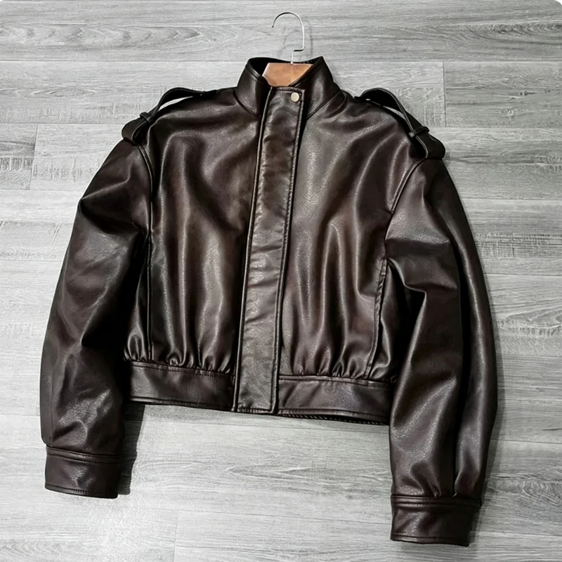 Original Deep Brown Stand Collar Retro Faux Leather Jacket Women's Outerwear pu Leather Coat Long Sleeve Zipper Y2k Jacket veste