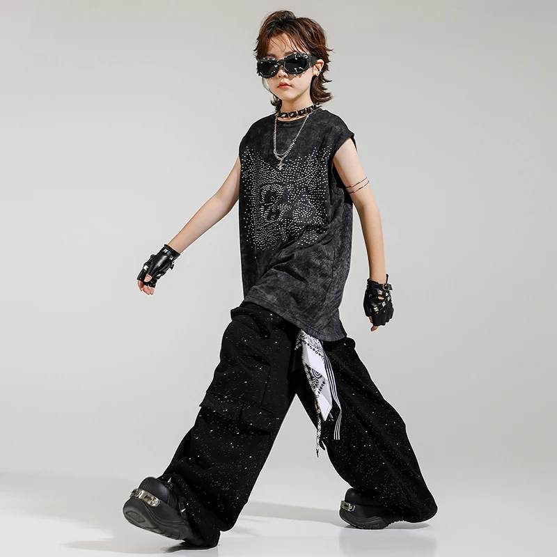 Jungen Hip Hop Dance Kostüm Sommer Schwarze Weste Baggy Hosen Glänzende Bühne Outfit Jazz Performance Kleidung Trend Straße Tragen BL16179