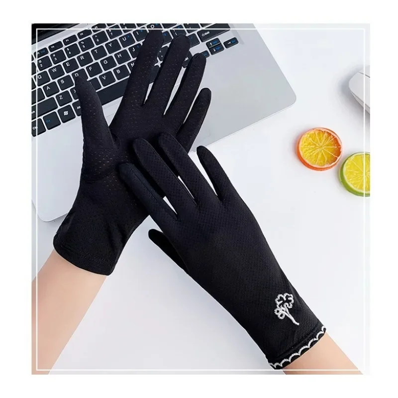 Summer Sun Protection Glove Fashionable Breathable Full Finger Touch Screen Glove Solid Color Thin Driving Glove Cycling Outdoor