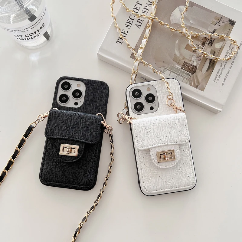 Luxury Lingge Crossbody Envelope Card Bag,Long Rope Necklace Phone Case for iPhone 15 Pro Max 14 Plus 13 12 11, Shockproof Cover