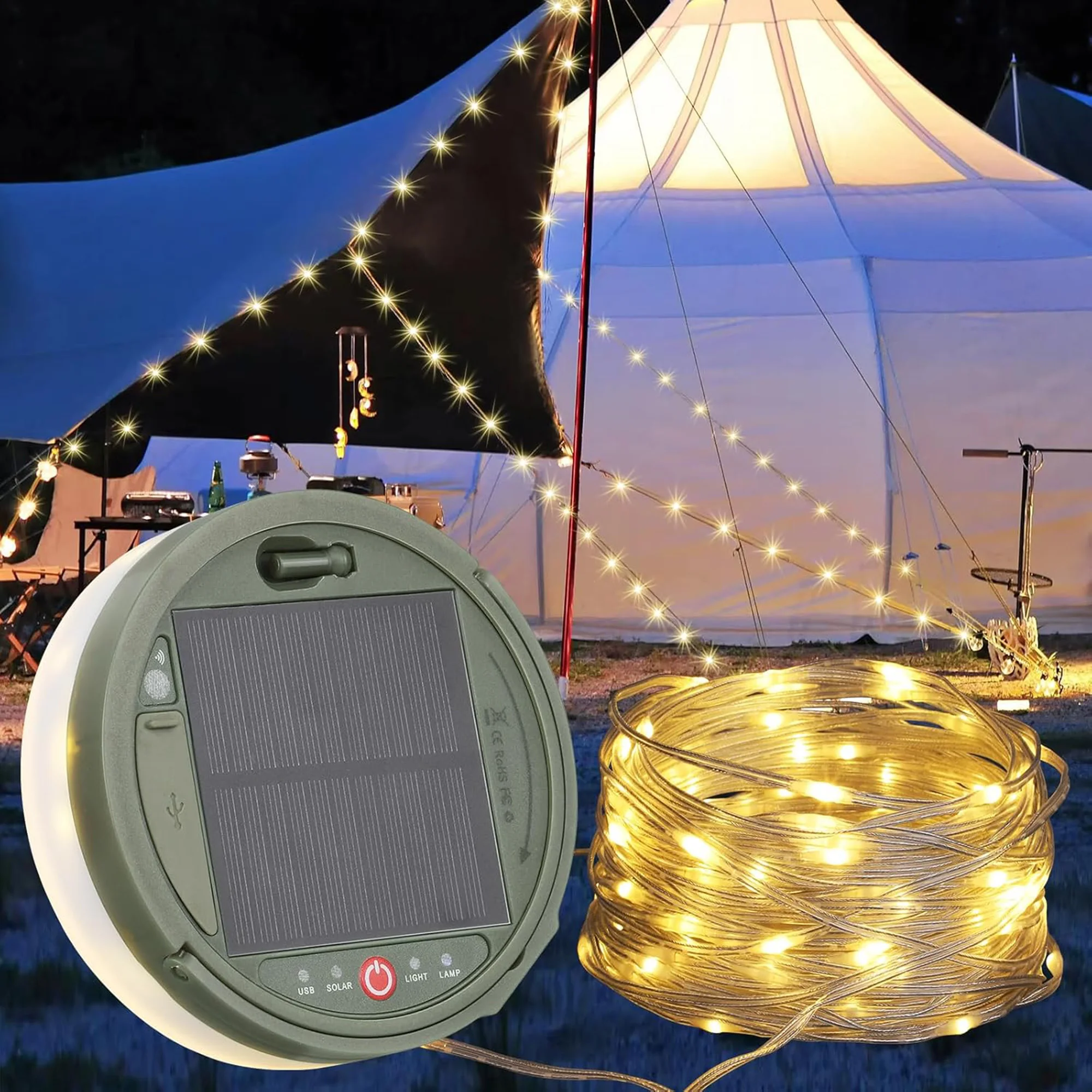 

Solar Outdoor String Lights 8 Lighting Modes Rechargeable Waterproof Camping lamp Garden Tent Lantern Hiking Yard Party Decor