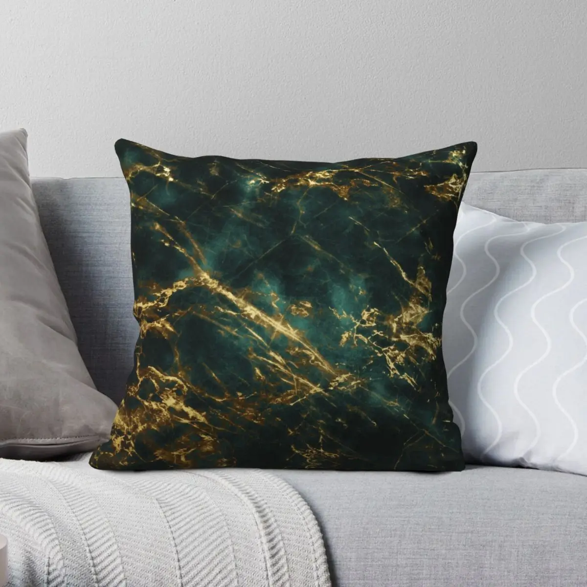 

Green Marble Ornate Gold Veins Square Pillowcase Polyester Linen Velvet Printed Zip Decor Room Cushion Cover