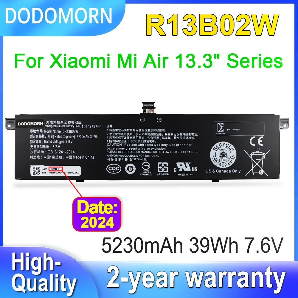 DODOMORN 5230mAh R13B01W R13B02W Laptop Battery For Xiaomi Mi Air 13.3