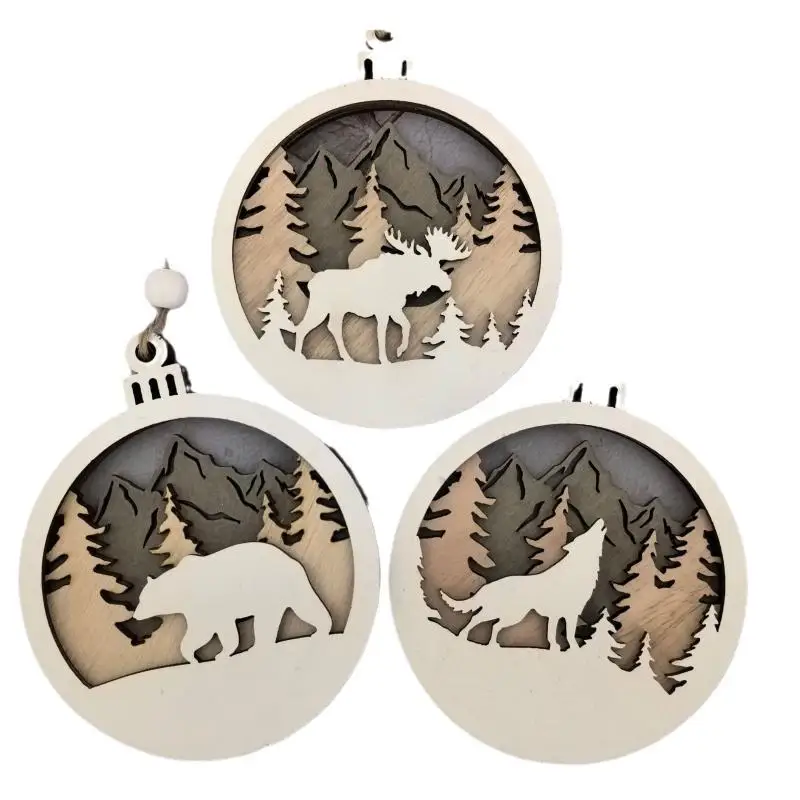 Rustic Wildlife Wood Cutout Hanging Decor Layered Hollow Mountain Bear Wolf Elk Bauble Winter Holiday Tree Decoration