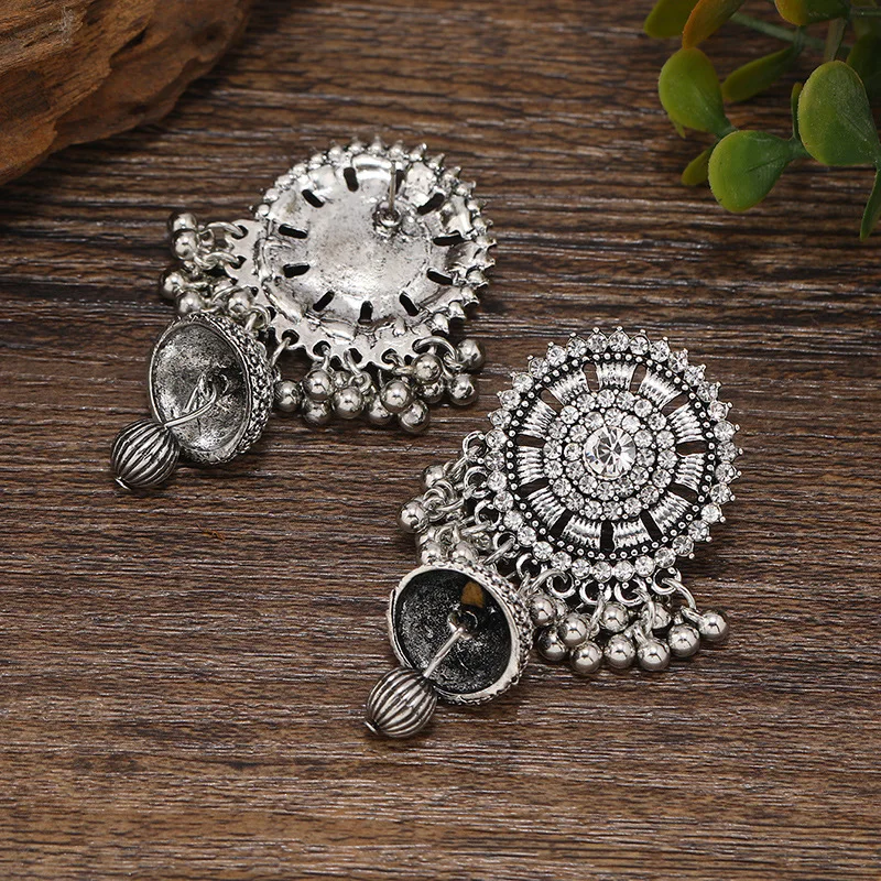 Vintage Big Crystal Bells Tassel Drop Earrings for Women Bohemian Exotic Oxidized Silver Color Metal Statement Earrings Indian