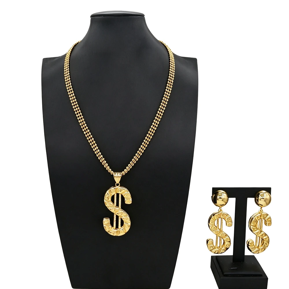 Trendy Dollar Sign Jewelry Set Gold Plated Embossed S Symbol Pendant Necklace Drop Earrings for Ladies Club Accessories HK1329