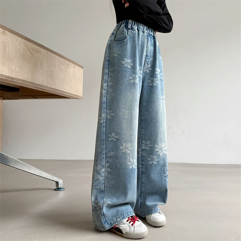 American Street Style Kids Clothing Retro Denim Trouser Child Girl Fashion Jacquard Design Y2K Loose Straight Ripped Jeans Pants 3