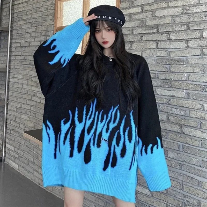 New Winter Autumn Sweater Women Men Casual Long Sleeve Blue Flame Oversized Pullover Sweater Loose Boyfriend Pullovers