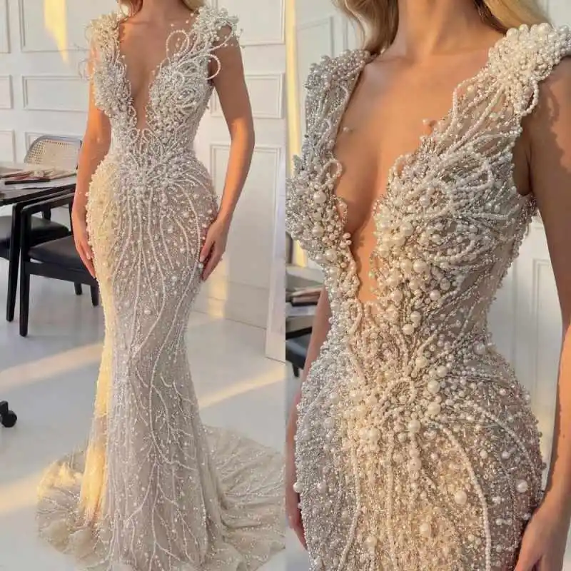 

Великолепные вечерние платья для выпускного вечера, платье-русалка без рукавов с V-образным вырезом, украшенное жемчугом и бисером, кружевное платье для выпускного вечера длиной до пола, Vestido De Noite, на заказ
