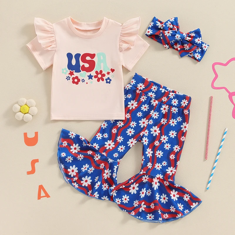 

2024-04-18 Lioraitiin Toddler Girl 4th of July Outfit Letter Print Short Sleeves T-Shirt with Flower Flare Pants Headband Set