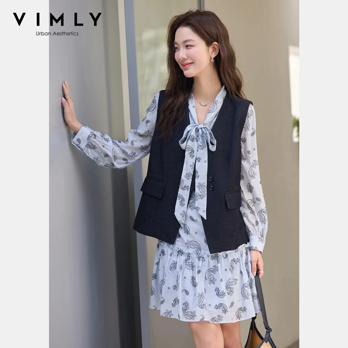 

VIMLY Women's Fashion Dress Set 2026 Spring New Floral Print Tie V-Neck Mini Dress Minimalist Blazer Vest Two-Piece Set A3108