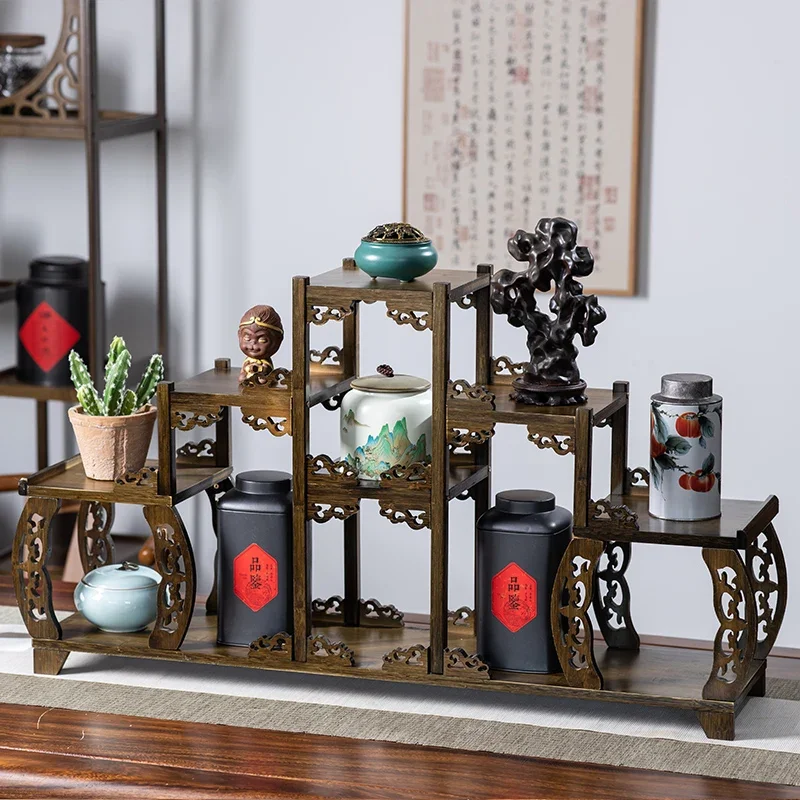 Solid Wood Teapot Display Stand Purple Clay Teapot Display Shelf Tea Set Storage Rack Decoration