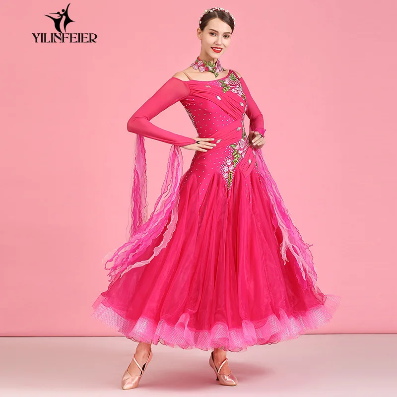 High Quality Women Adult Long Dance Wear Rose Pink Hand-painted Desigh Costumes custom Ballroom Dancing Dress