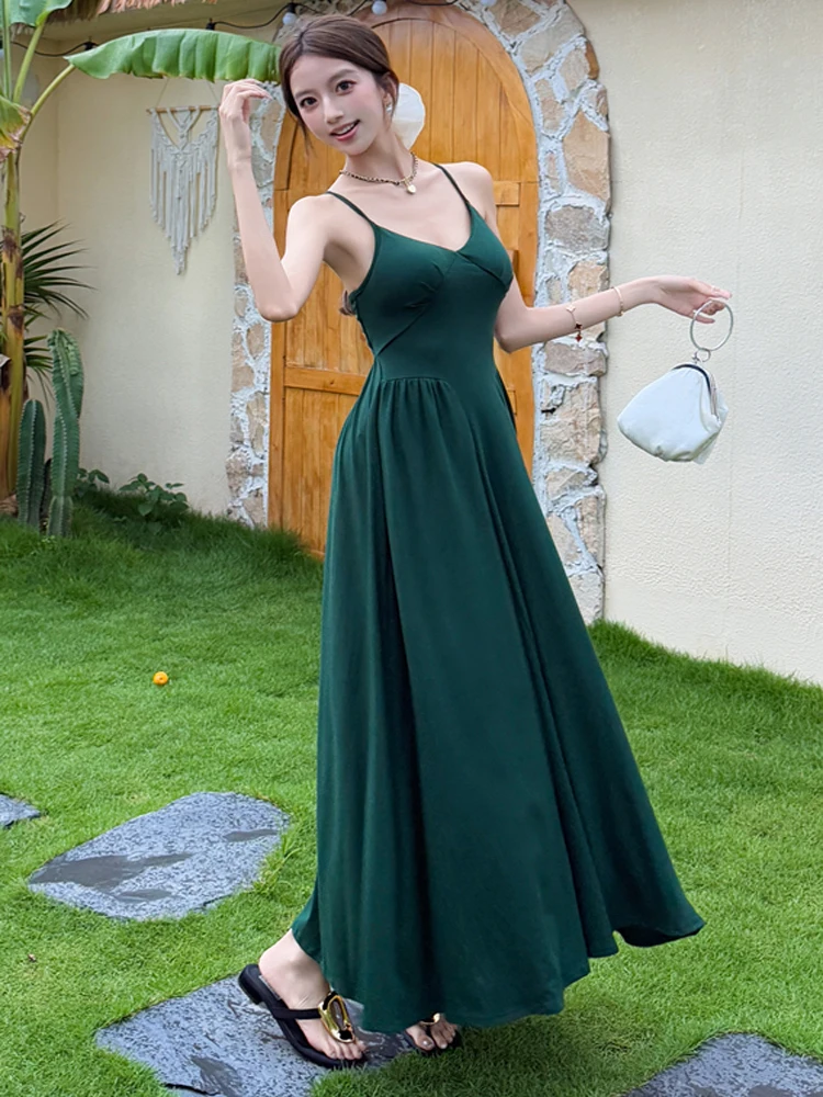 Boho Sling Slim Party Dress 2025 New Summer Women Sexy Cross Lace Up Backless Female Casual Beach Holidays Long Dress Robe