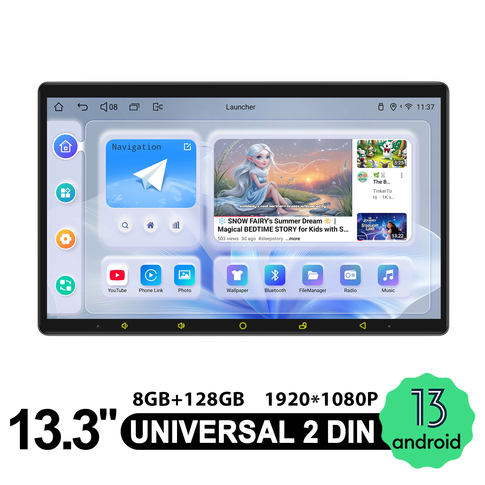 راديو ستيريو عائم للسيارة مقاس 13.3 بوصة مع CarPlay اللاسلكي ونظام صوت السيارة الذكي Android يدعم 360 درجة °   تركيب الكاميرا