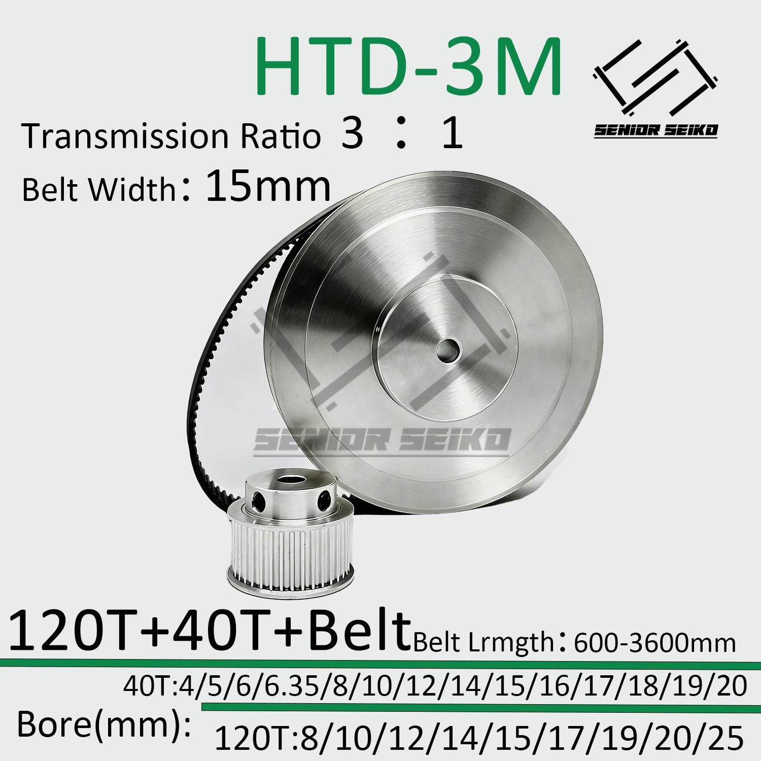 

Комплект синхронных шкивов HTD3M 120 зубьев (40T) с ремнем, ширина ремня 15 мм, диаметр отверстия 5-25 мм, редукция 3:1, комплект шкивов 3M, синхронное колесо