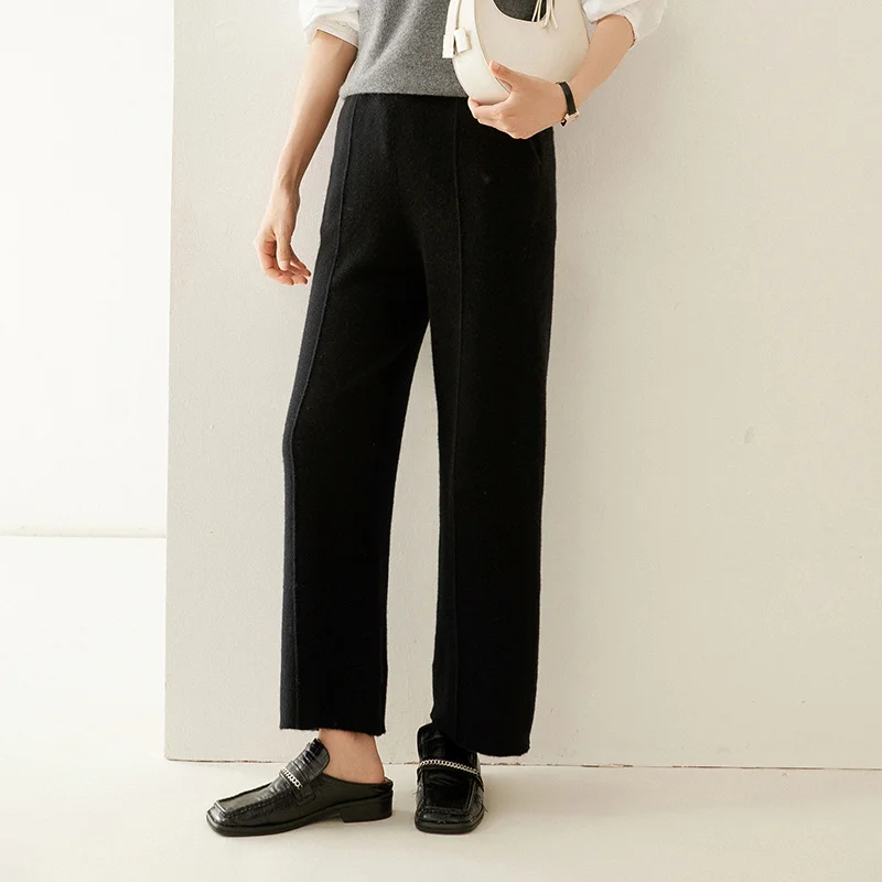 100% Cashmere Pants Autumn Winter New Women's Wide Leg Pants Thickened Casual Versatile Loose Knitted High Waist Straight Pants