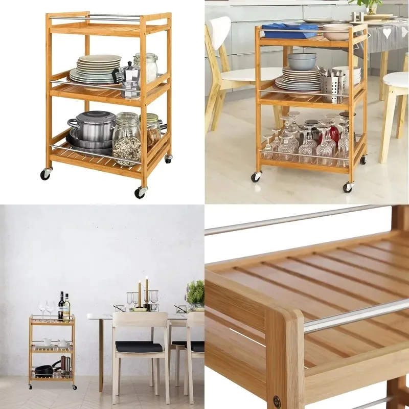 Wooden Three Tier Modern Kitchen Living Room Service Cart Cabinet with Casters