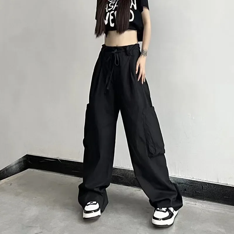 Female High Waist Wide Leg Pants Big Pockets Cargo Pants Women Streetwear Joggers Casual Girl Retro Vintage Drawstring Trousers