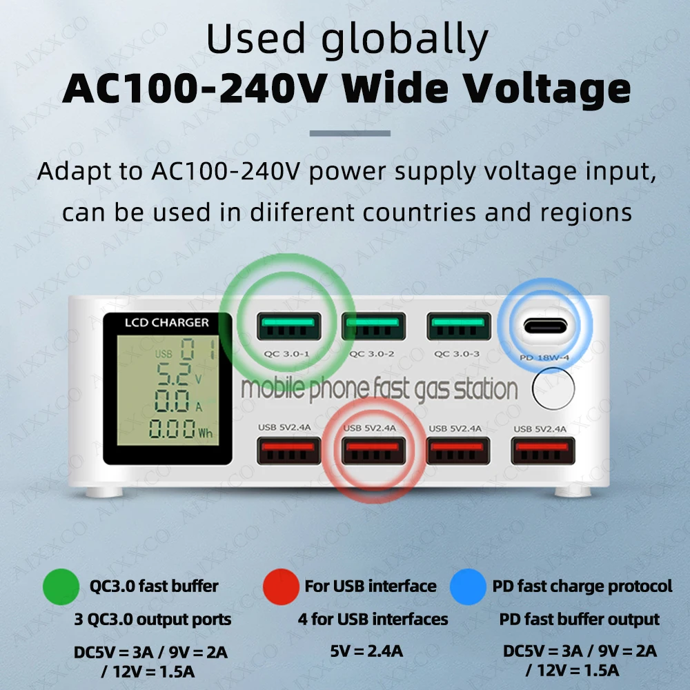 8 Ports 100W LCD Display Quick Charge 3.0 USB Charger Adapter HUB Type C PD Fast Phone Charger For iPhone Samsung Xiaomi