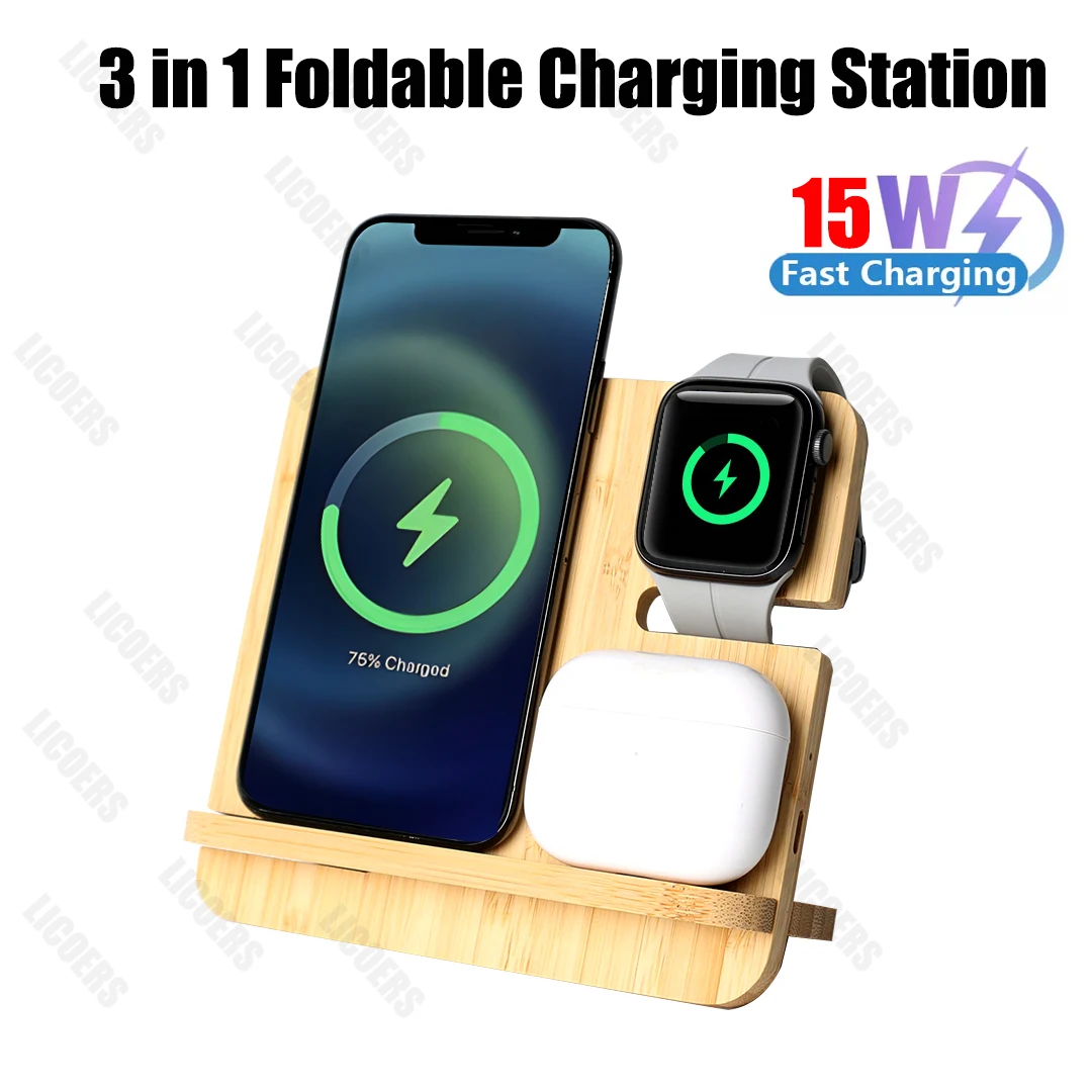 

Bamboo 15W Fast Wireless Charger Stand 3 in 1 Charging Station for iPhone 16 15 14 13 iWatch Airpods Pro Max S24 S23 Wood Holder