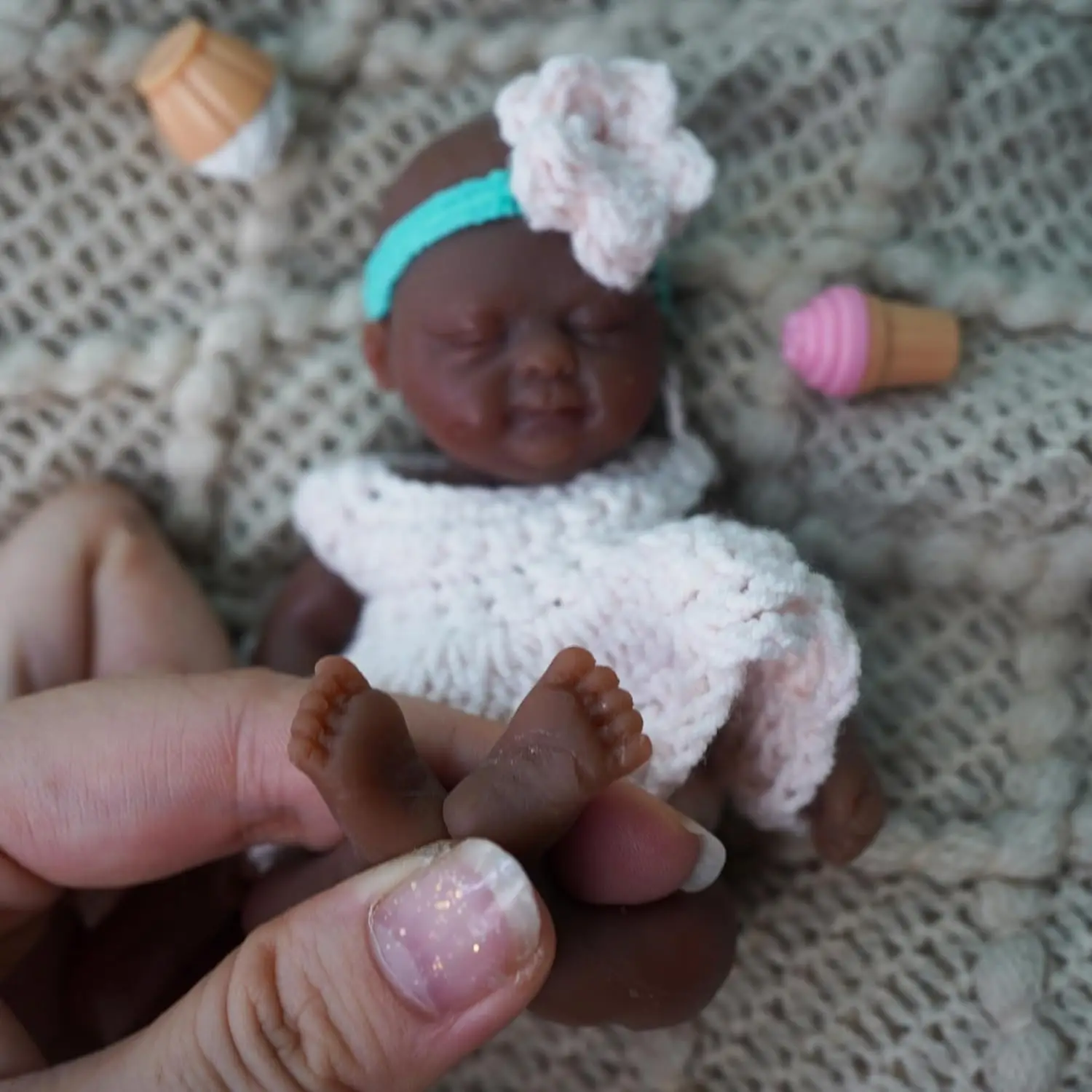 Mini Silicone Reborn Baby Doll 4.5 Inch Full Body Black Girl Emma with Feeding Accessories Collectible Infant Simulation Toy