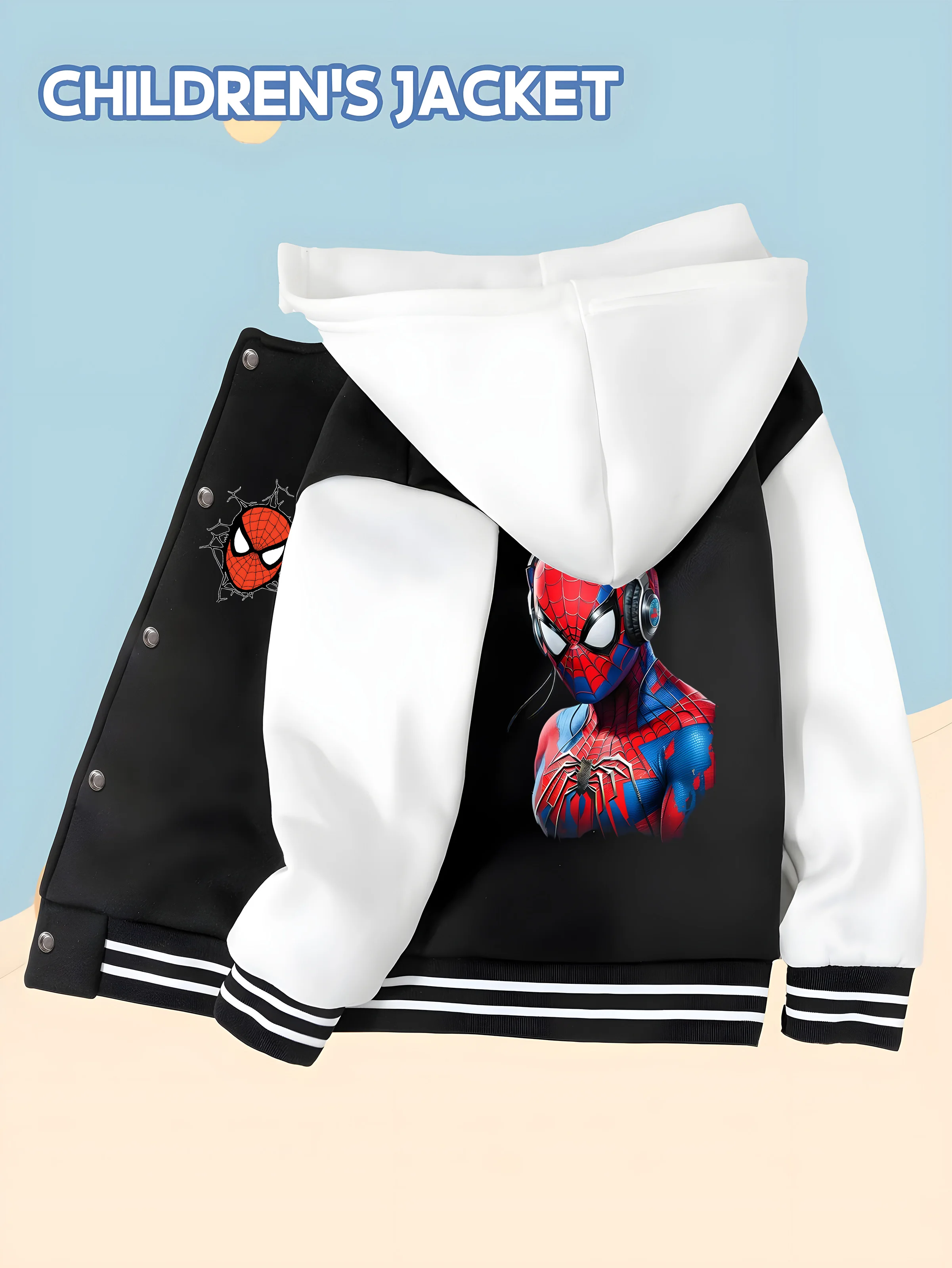 

MINISO Marvel trendy Spider-Man children's baseball uniform hero print, hooded baseball design, trendy and childlike, soft and s