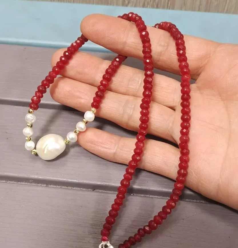 

Fine Jewelry Necklace 2*4mm Faceted Red Jade Beads White Baroque Pearl Necklace 18"