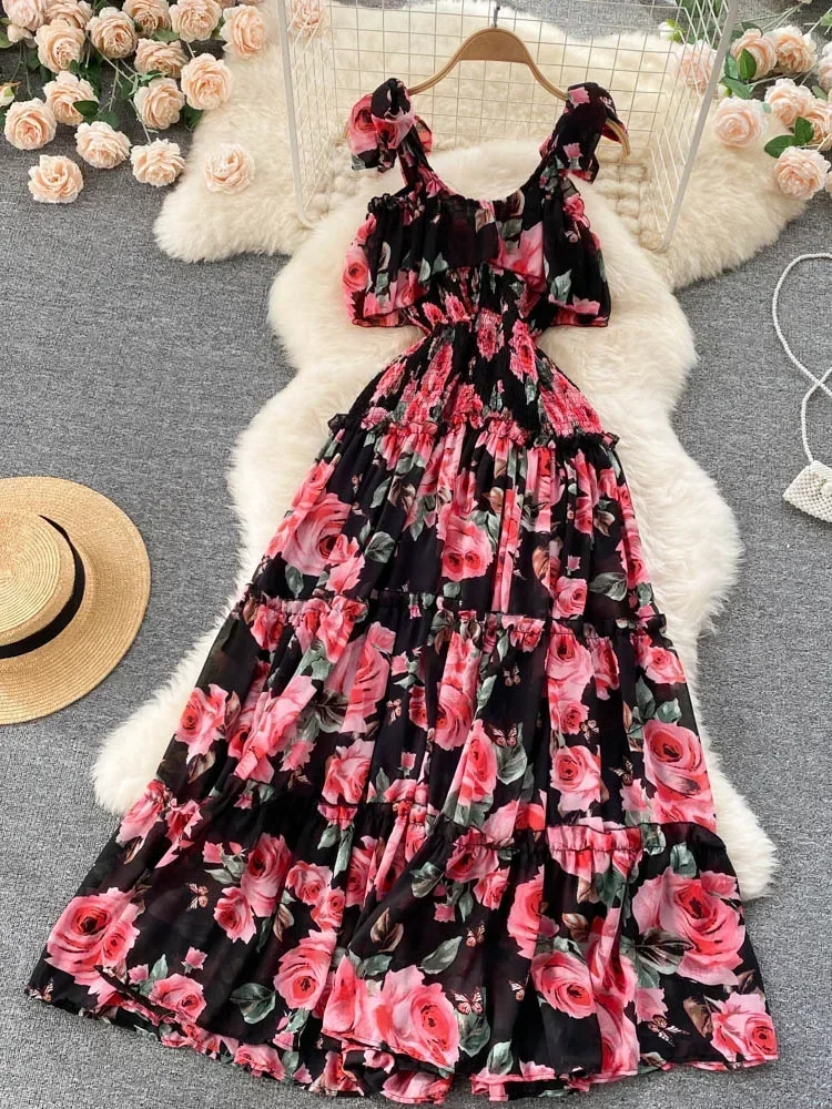 

Beach Dresses Women Show Thin Seaside Holiday Maxi Pleated Long Super Fairy Chiffon Print Vestidos D968