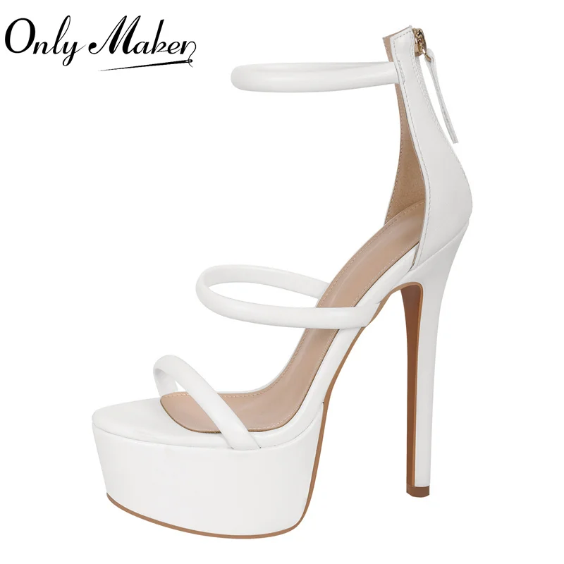 Onlymaker Women Platform Open Toe Sandals Thin High Heel Pumps Colors Party Dress Big Size White Zipper Party Dress Sandals