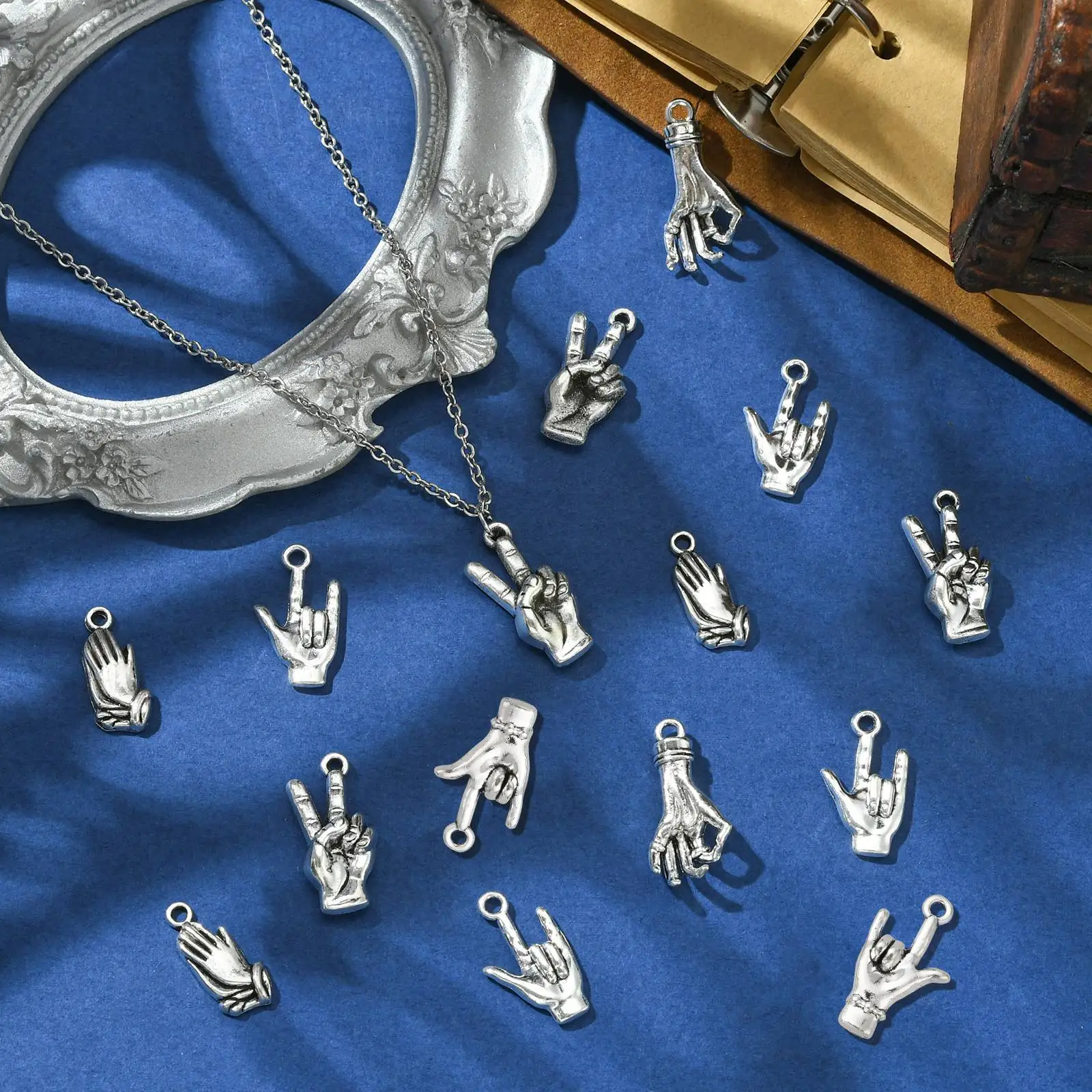 Pandahall 50Pcs 5 Styles Tibetan Hand Gesture Charm Victory Sign Pendants Mini Love Finger Charms for Necklace Earrings Making image 6