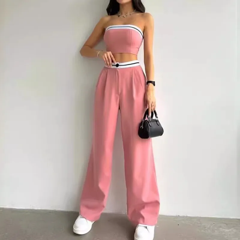 

Women's Two-piece Set Solid Color Fashion Sleeveless Strapless Camisole Casual Wide Leg Pant Sets