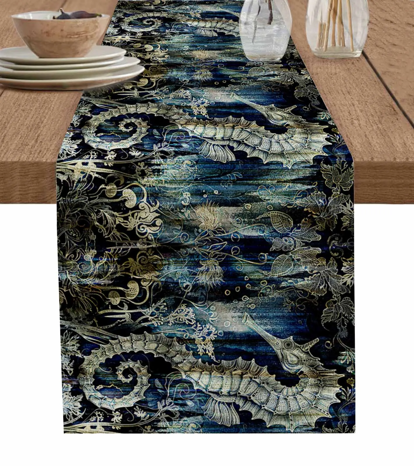 Vintage Seahorse Marine Leaf Gradient Linen Table Runners Kitchen Table Decoration Dining Table Runner Wedding Party Supplies