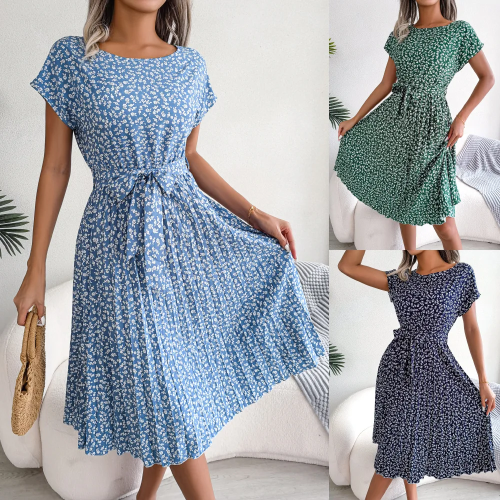 

New Fashion Women Floral Print Bowknot Bandage Pleated A Line Long Dress Women Spring Summer Short Sleeve High Waist Chic Dress