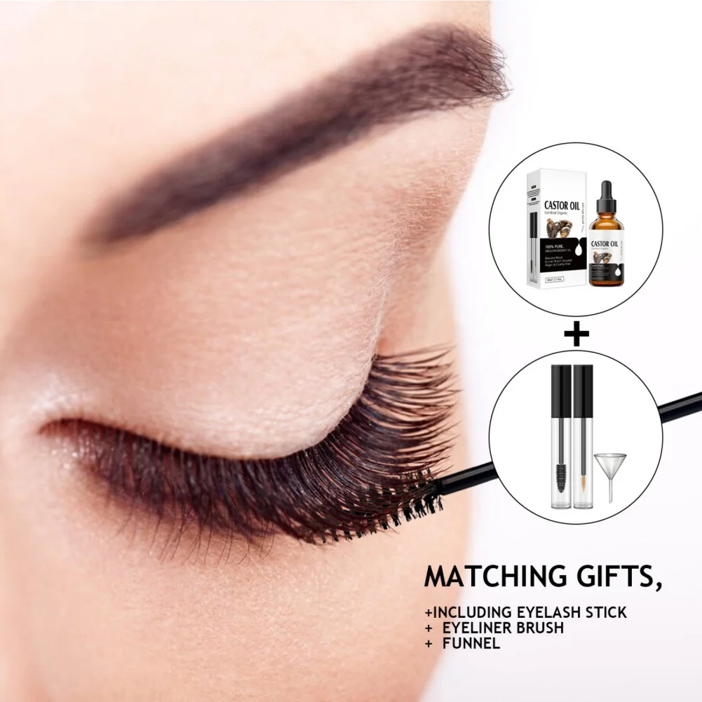 50Ml Biologische Ricinusolie + Wimpers Met Mascara Wand Liner Borstel Wimper Kit Haar Make-Up Verbeteren Voedende Schoonheid Gezondheidszorg