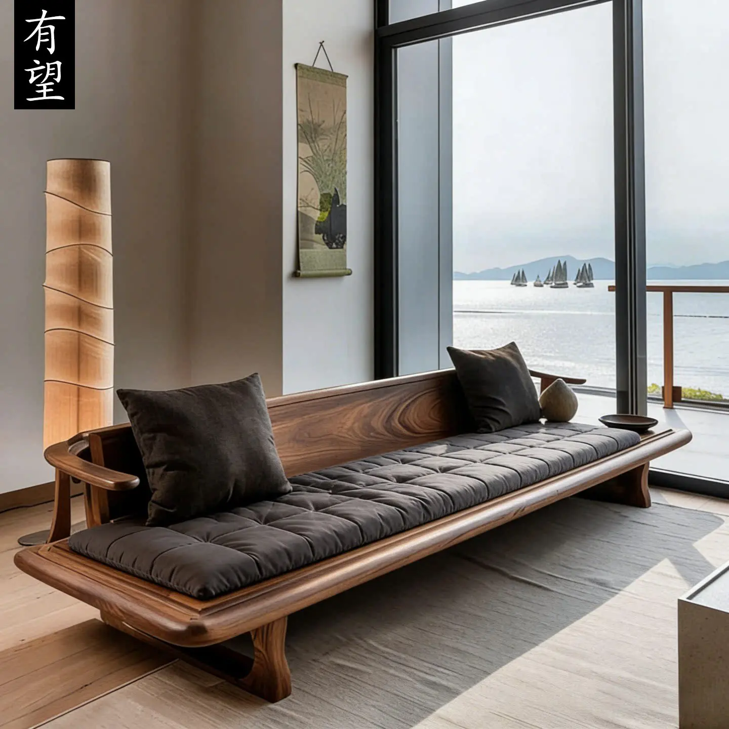 LH1 New Chinese Solid Wood Sofa Contemporary Simple Living Room Zen Three-seat Inline Sofa
