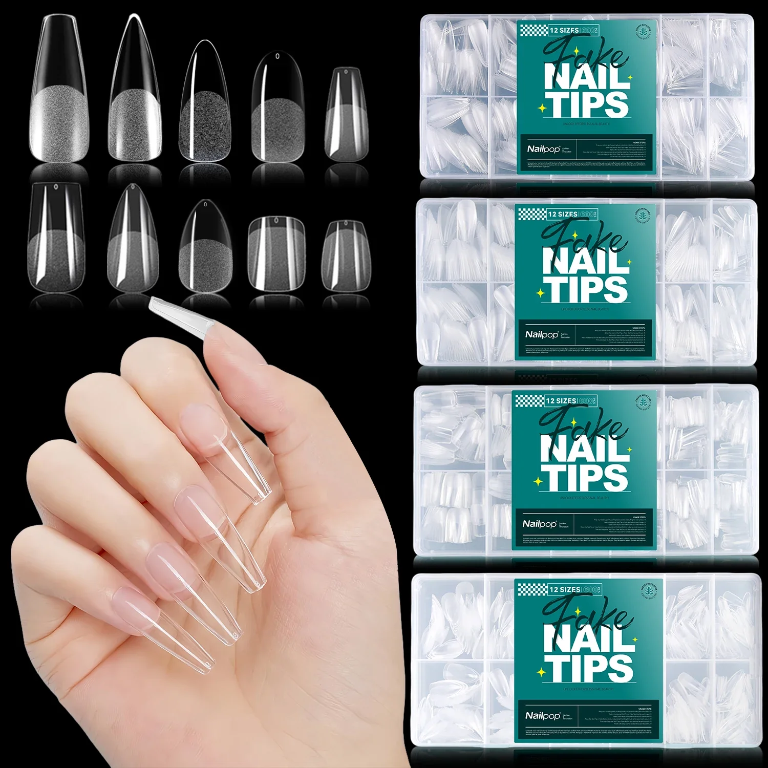 

Nailpop False Nails 10/12 Sizes Full Cover Tips Clear Color Durable Lightweight Natural Look Manicure Salon Quality DIY 600pcs