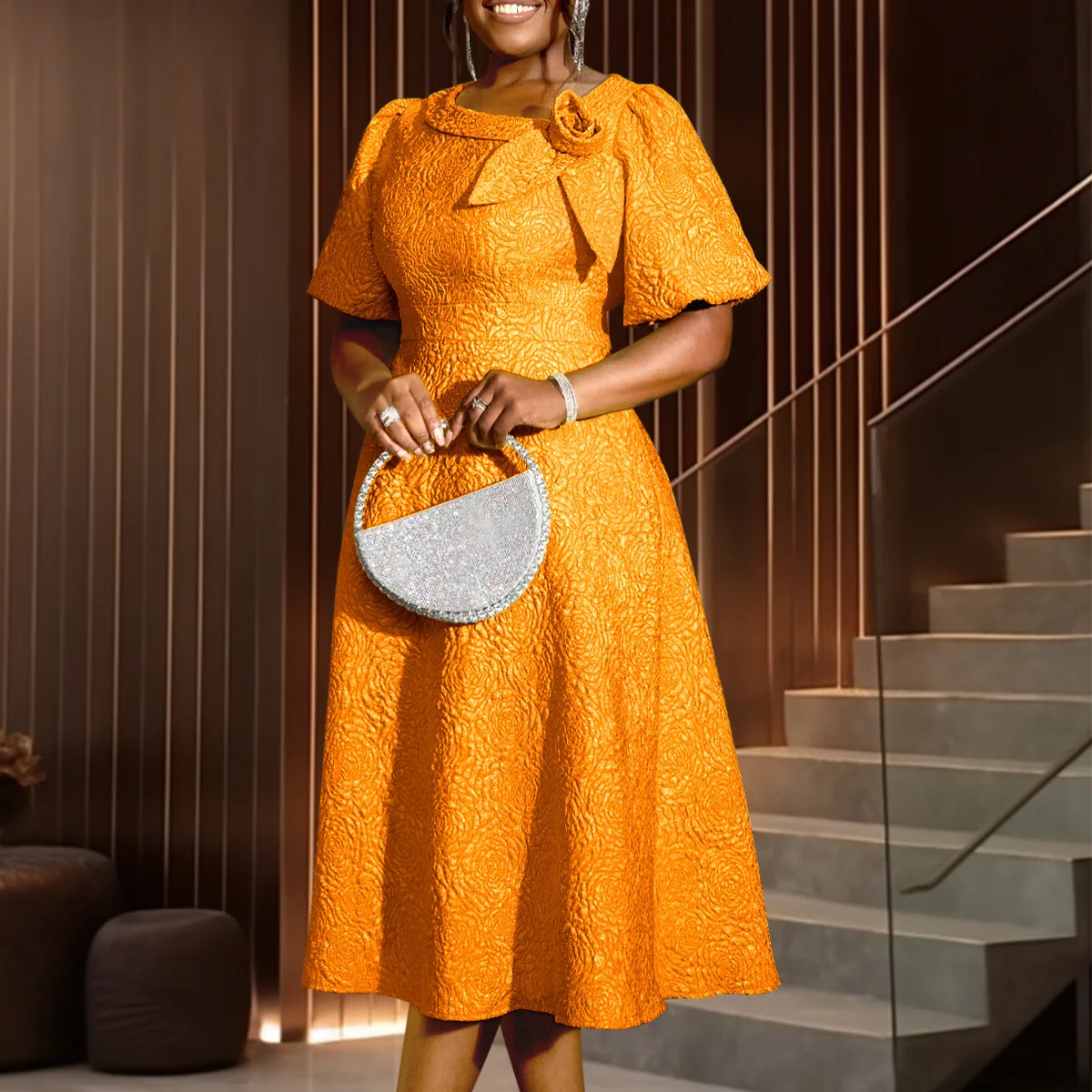 Am 040856 nova rosa jacquard em torno do pescoço vestido de deslocamento tridimensional flor a linha saia vestido robe feminino festa