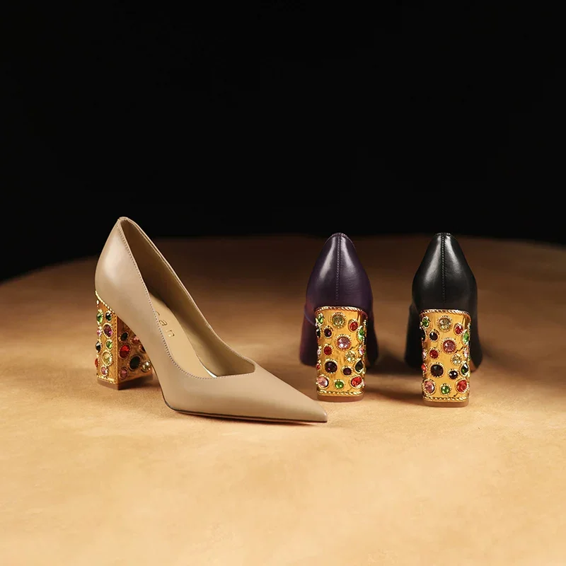 Autumn New Pointed Shallow Mouth Genuine Leather Colored Crystal Coarse Follow up Shoes Banquet Dress High Heels Women's Shoes