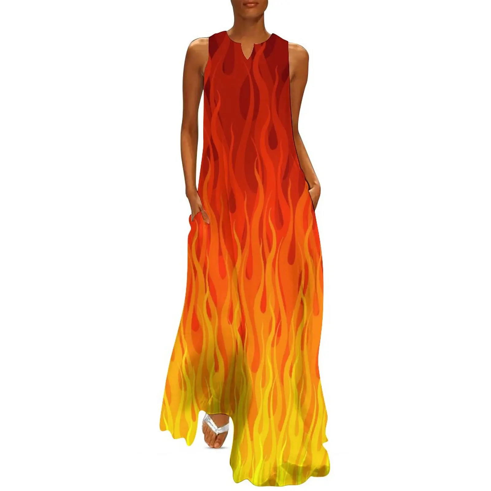 

Red Orange Yellow Burning Flames and Fire Long Dress luxury women"s party dress evening prom Women"s dress